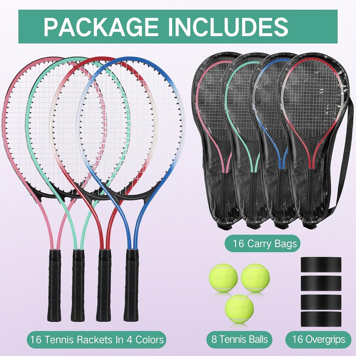 16 Pcs Tennis Rackets for Adult Recreational 8 Players 27" Tennis Racquet Bulk Lightweight Tennis Racket with 8 Tennis Balls for Training Beginners with Overgrips Carry Bag