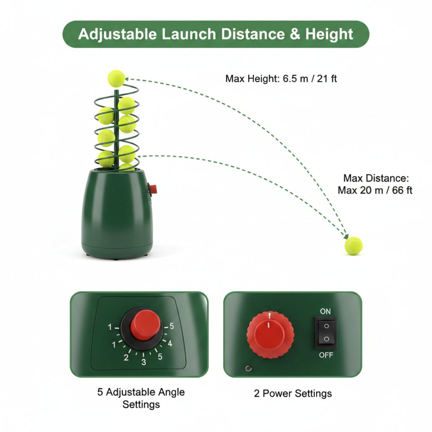 3819BH Portable Tennis Ball Machine – 5 Adjustable Angles, 2 Power Levels, 4 Serve Intervals, up to 30 MPH, for All Skill Levels Training