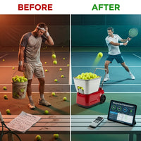 Sports Elite Tennis Ball Machine - Auto Portable Tennis Ball Launcher, Preloaded & Custom Drills, Spin Control, Lob Elevation Switch, Ball Speed (Up to 80MPH), with Multi-Function Remote — Before & After