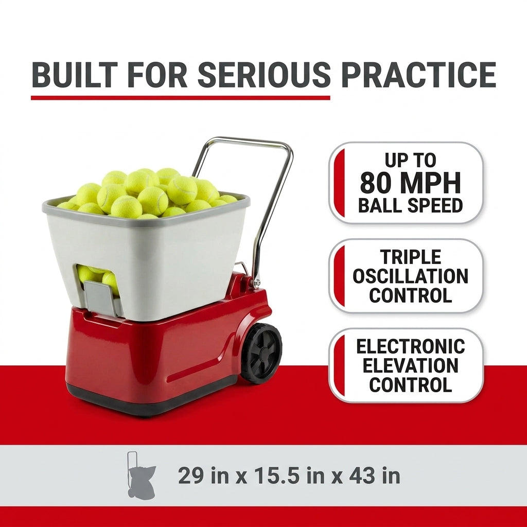 Sports Elite Tennis Ball Machine - Auto Portable Tennis Ball Launcher, Preloaded &amp; Custom Drills, Spin Control, Lob Elevation Switch, Ball Speed (Up to 80MPH), with Multi-Function Remote