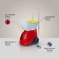 Sports Elite Tennis Ball Machine - Auto Portable Tennis Ball Launcher, Preloaded & Custom Drills, Spin Control, Lob Elevation Switch, Ball Speed (Up to 80MPH), with Multi-Function Remote — infographic