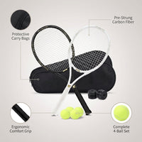 Tennis Rackets - Super Value Set with Pre-Strung, Comfortable Handle, 27'' Tennis Racquet for Beginner, Includes 4 Tennis Balls, 2 Overgrips and 2 Tennis Bag — infographic