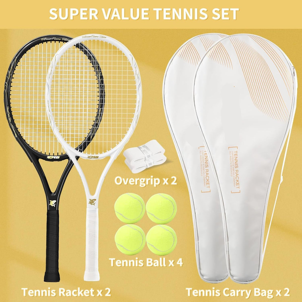 Tennis Rackets - Super Value Set with Pre-Strung, Comfortable Handle, 27'' Tennis Racquet for Beginner, Includes 4 Tennis Balls, 2 Overgrips and 2 Tennis Bag